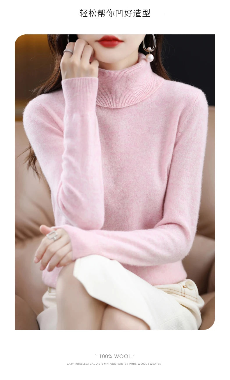 100% Merino Wool High Turnover Collar Knitted Sweater For Women's Autumn And Winter Warm Top Elegant 2YS Versatile Jiu Jia 206