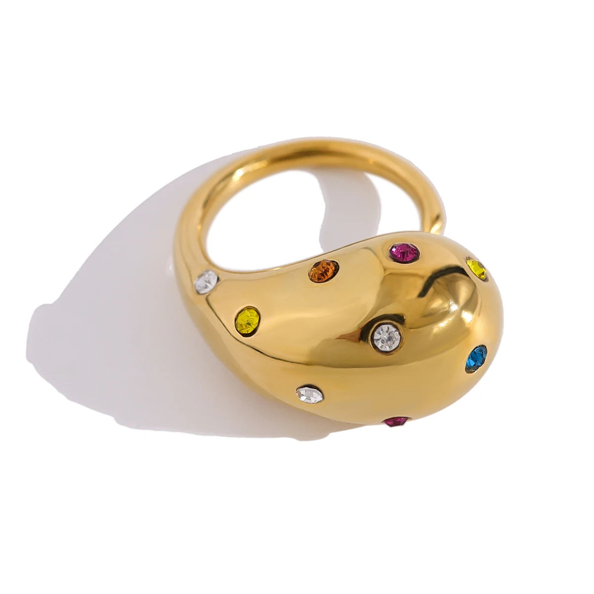 YACHAN 18K Gold Plated Glossy Chunky Stainless Steel Rings for Women Chic Colorful Crystal Statement Jewelry