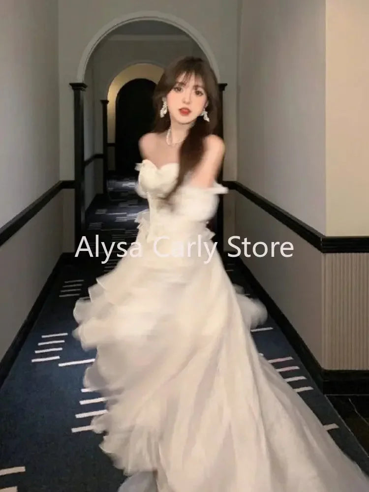 Elegant Ruffles Chic Fairy Dress Women White Sweet Korean Style Princess Dress Female 2023 Summer Slash Neck Casual Party Dress