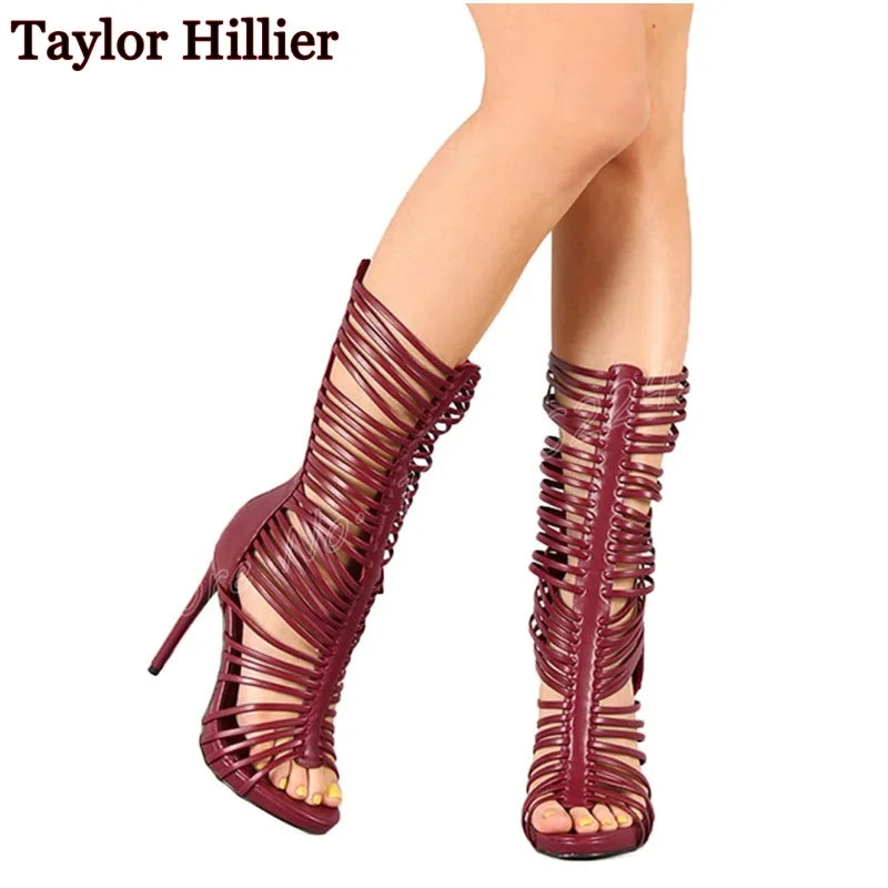 Black Hollow Tassel Mid-Calf Boots Open Toe Stiletto Back Zipper High Heels Sexy Party Plus Size Dress Women'S Sandals Summer 46
