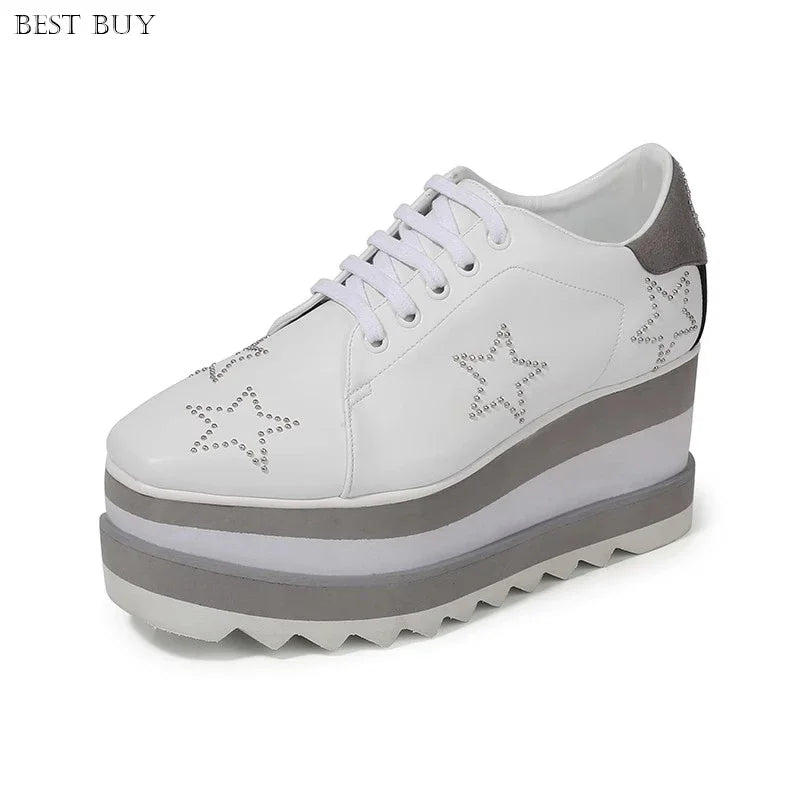 New beige Women Platform Casual Shoes 2024 Spring Black Casual Chunky Sneakers Women Real Leather White Height Increasing Shoes