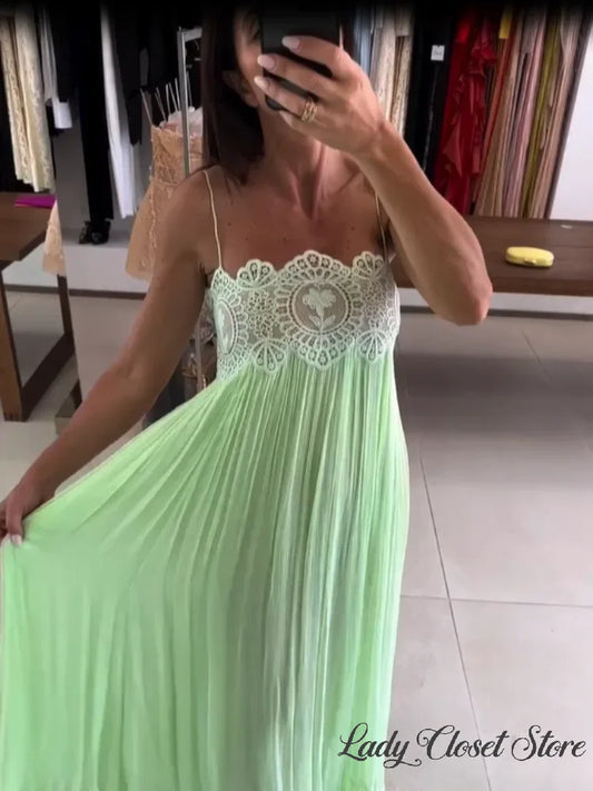 Women Lace Patchwork Pleated Slip Green Maix Dress Sexy Spaghetti Strap Sleeveless Backless 2026 Summer Vacation Beach Robe New