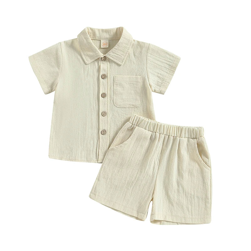 Kids Boys Casual Outfit Set Cotton Baby Boys Costume Summer Boy Clothing Set Short Sleeve Button Shirt with Elastic Waist Shorts