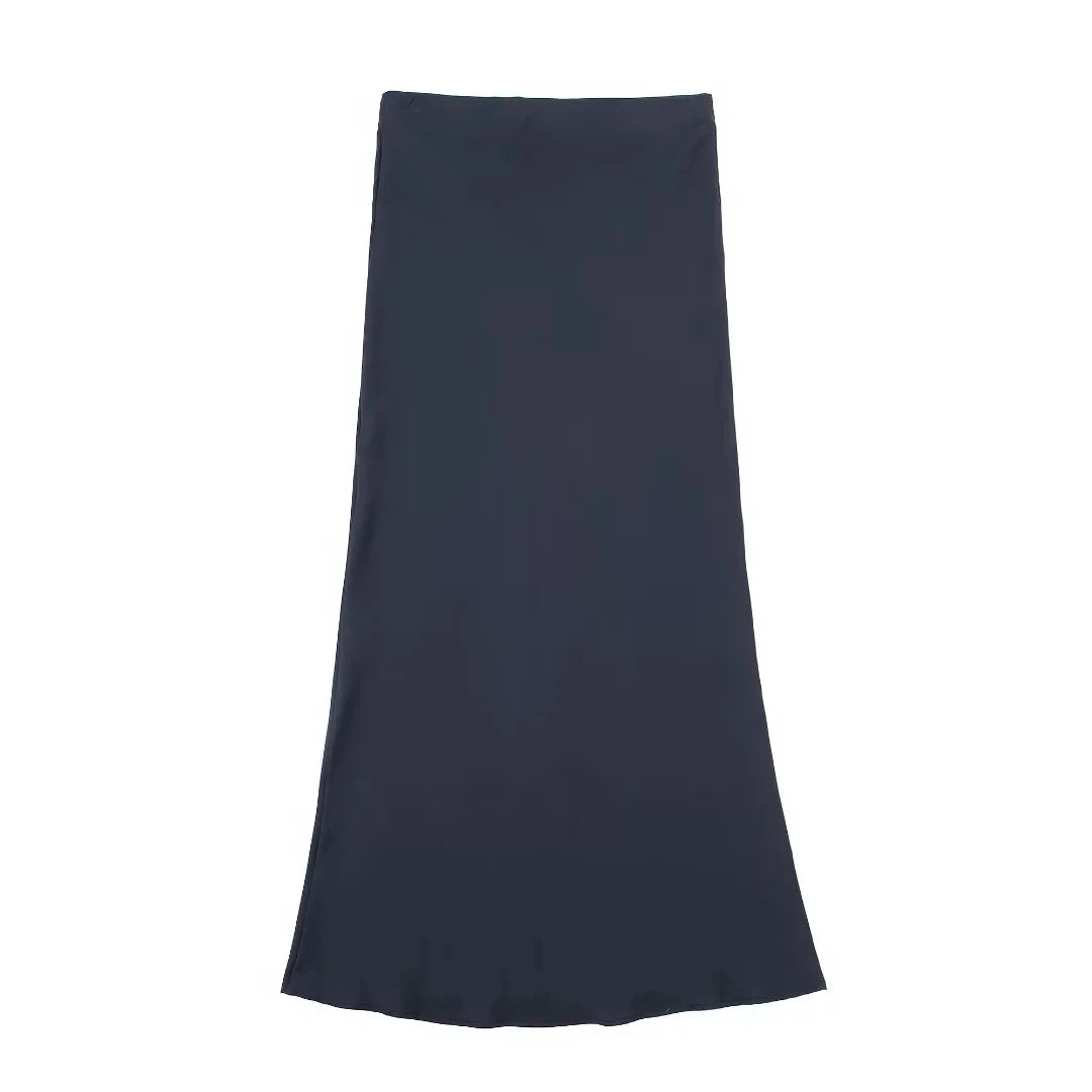 HH Women Fashion Vintage Solid Skirt Satin Slim Elastic Waist Midi Skirts Office Lady Wear Elegant Woman Chic Mermaid Skirt