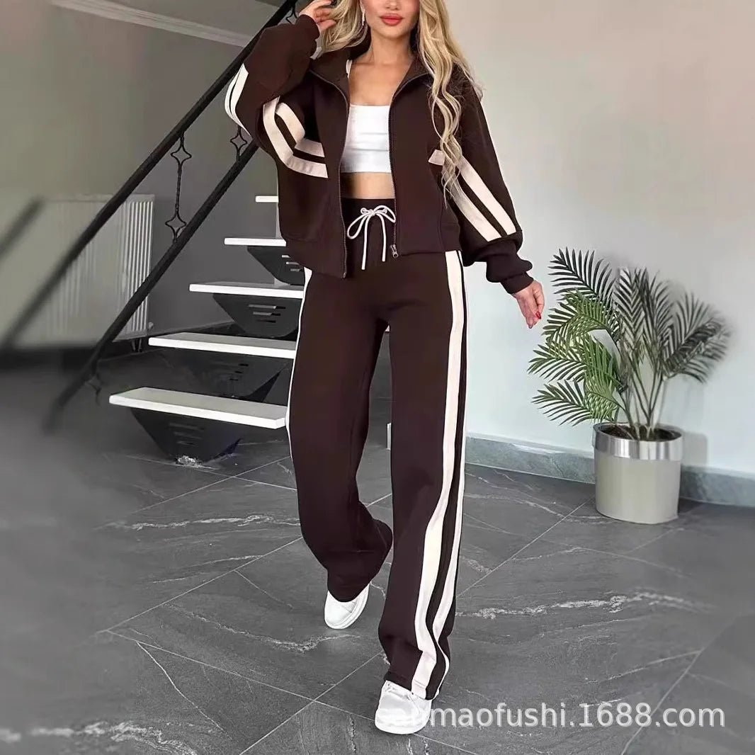 Y2K Striped Zipper Coat+sweatpants Two Piece Set Women Casual Batwing Sleeve Sports Jacket Outfits Autumn Winter Sweatshirt Suit