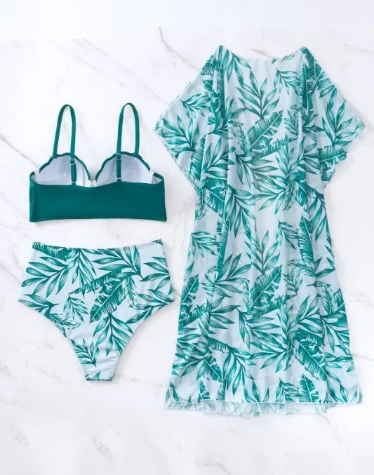 High Waist Leaf Print Bikini Swimsuit with Net Cover up Slimming Design Cross-Border New Style Women's Fashion Swimwear