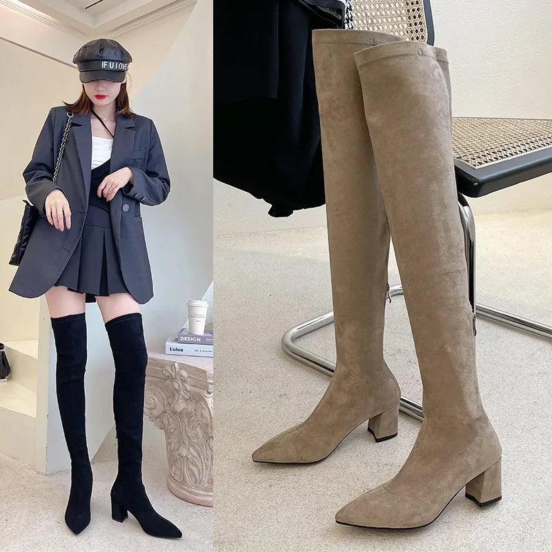 Sexy High Boots Women 2023 Winter New Fashion Over The Knee Warm Botas  Suede Lace Up Pumps Sock Shoes High Heels Boots