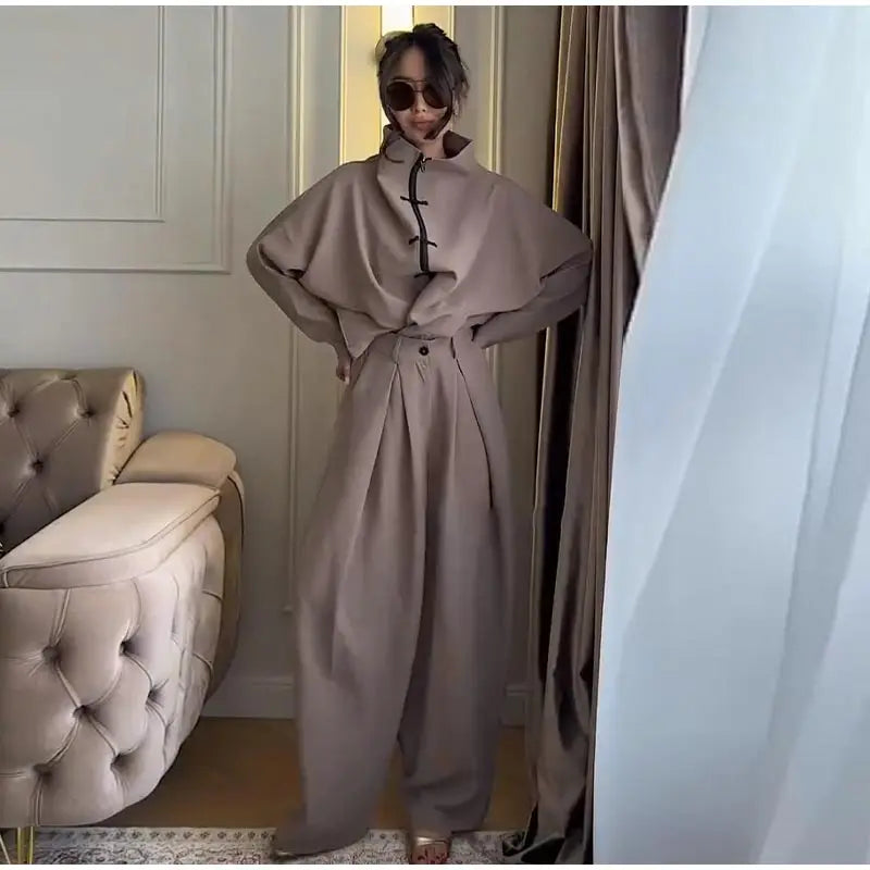 Casual Zipper Shirt Pants Suit Women Solid Button Stand Collar Drawstring Shirts Loose High Waist Trousers 2026 Spring Set Lady