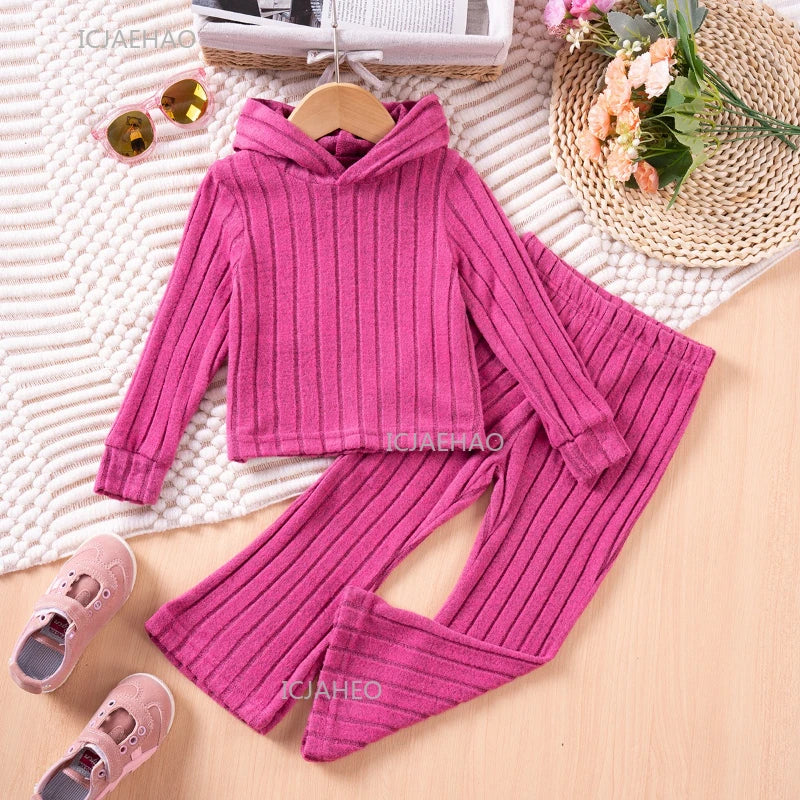 Girls Children Outfit Set Hooded Knit Sweater Long Sleeve Solid Pants Casual Clothing for Kids Toddler Daily Wear Autumn Spring