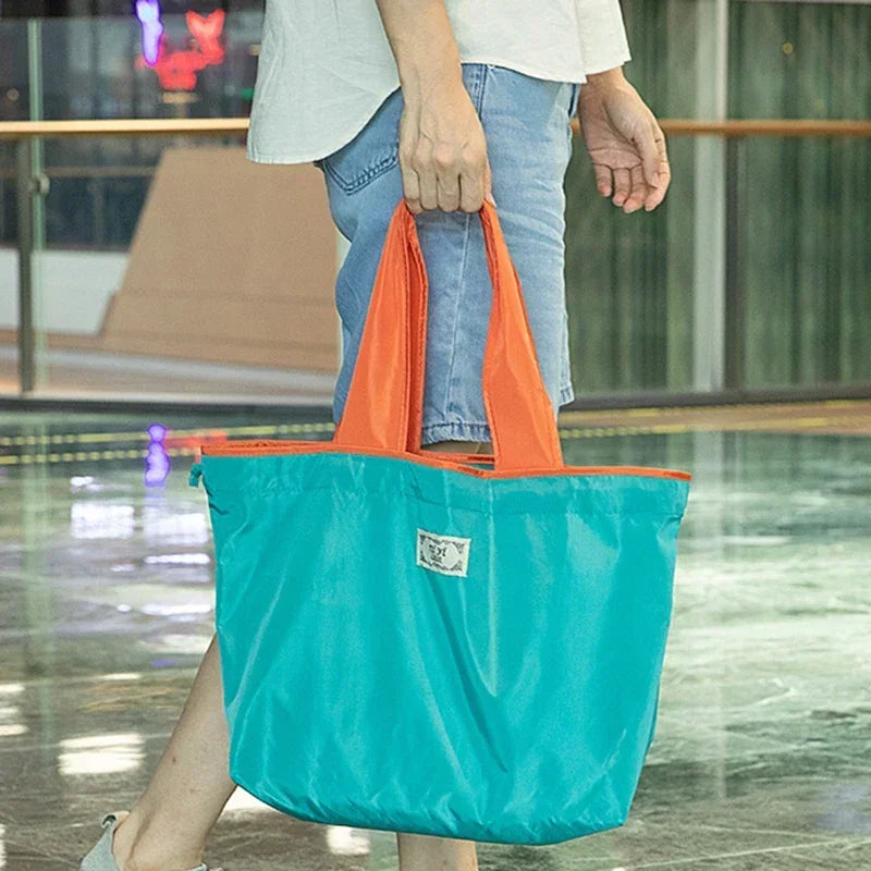 Foldable Eco-Friendly Shoulder Bags Women's Reusable Grocery Bag Large Capacity Foldable Shopping Bag with Drawstring Closure