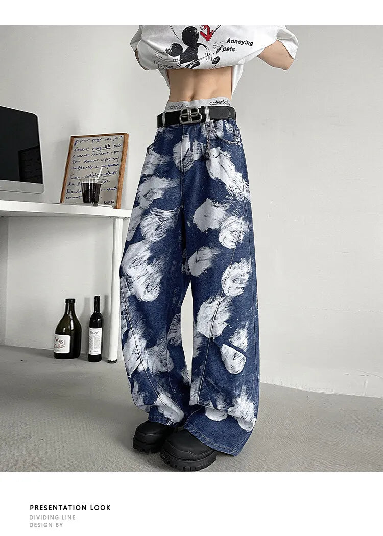 Straight Loose Fit Printed Streetwear Jeans Unisex Urban Fashion Trendy Casual Denim Pants mens Hip Hop Oversized Comfort 2023