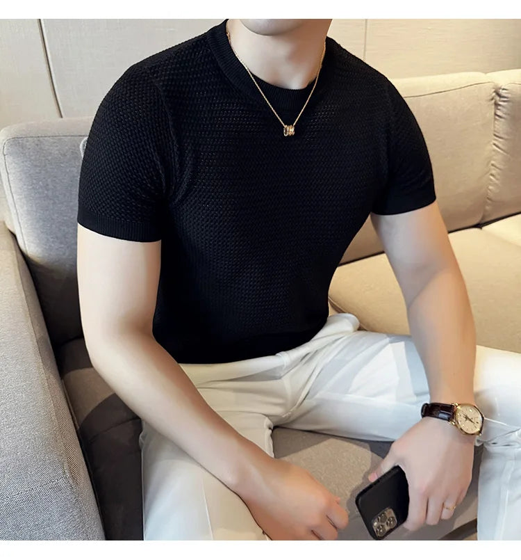 Summer Breathable T-Shirts For Men Korean Luxury Clothing O-Neck Short Sleeve Knitted Men's T Shirt Fashion Hollow Tops&Tees 3XL