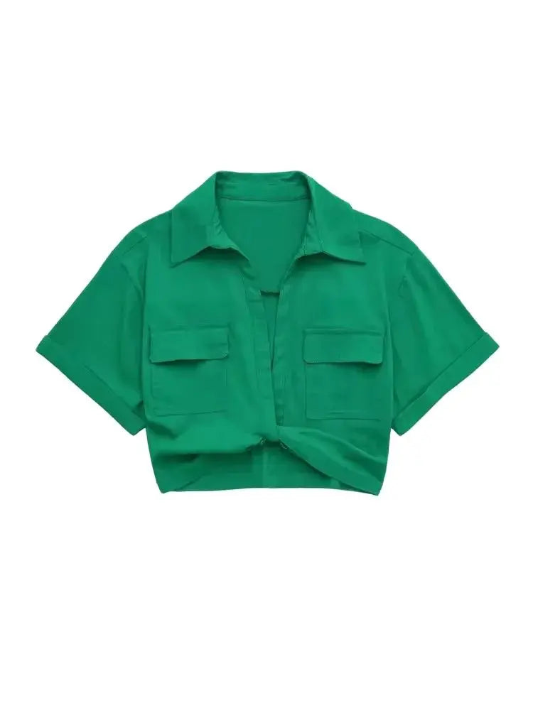 Women Fashion Front Knot Elastic Linen Cropped Shirts Vintage Short Sleeve Patch Pockets Female Blouses Blusa Chic Tops