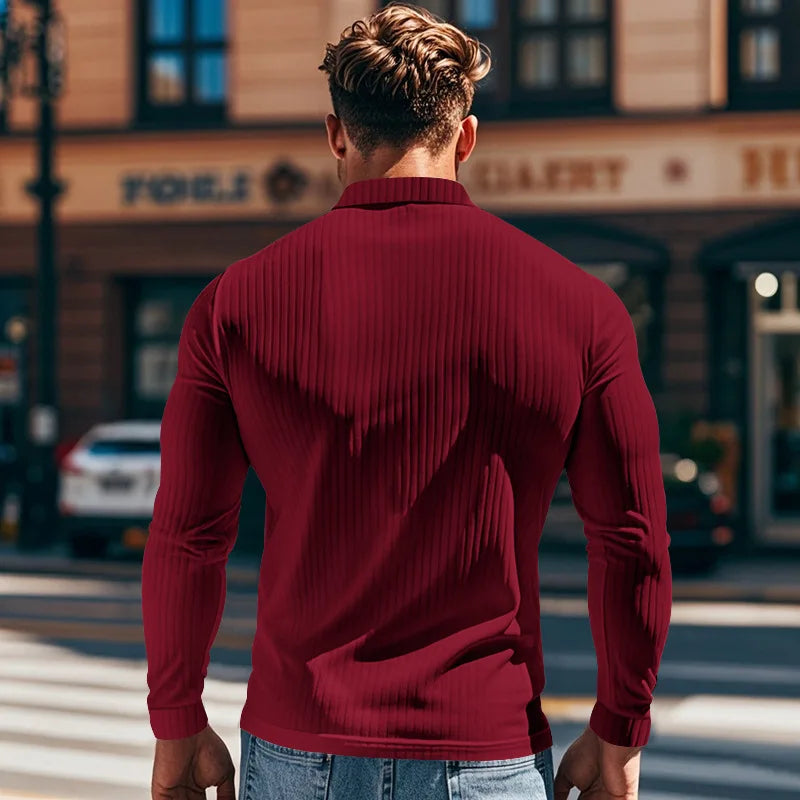 Cross-border autumn men's classic casual American lapel button-up long-sleeved T-shirt elastic pit strip polo shirt