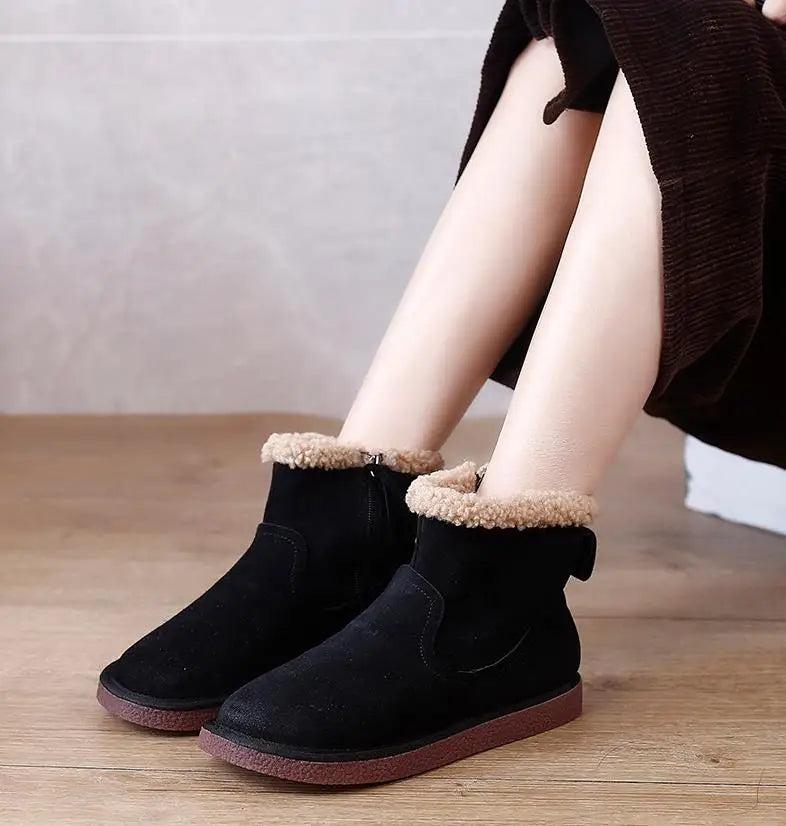 Careaymade-Genuine cow leather Snow cotton round head flats woolen short boots plush warm snow boots Oversized shoes size 35-43