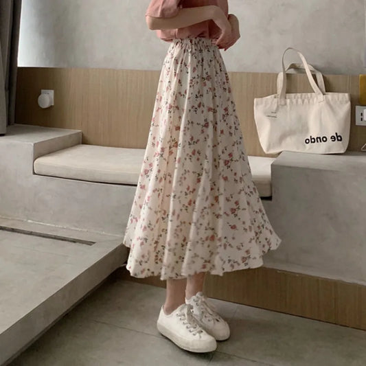 Vintage Floral Print A-line Pleated Long Skirts Summer Women Korean Skirt Streetwear Drawstring Elastic Waist Midi Skirt