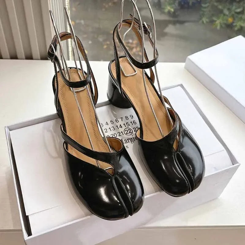 New Fashion Patent Leather Cross Belt Tabi Women's Pumps Spring and Summer Slingbags Split Toe Thick High Heels Chunky Shoes