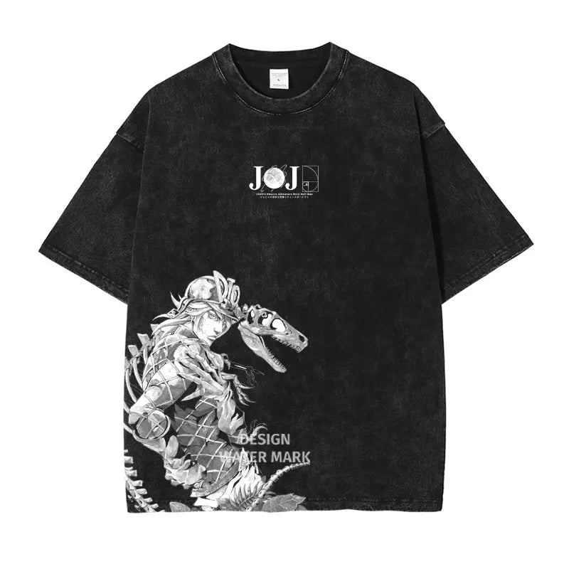 Anime JoJo's Bizarre Adventure Jonathan Joestar Gyro Print Tee Men Vintage Washed Tshirts Manga Cotton T-shirt Harajuku T Shirt