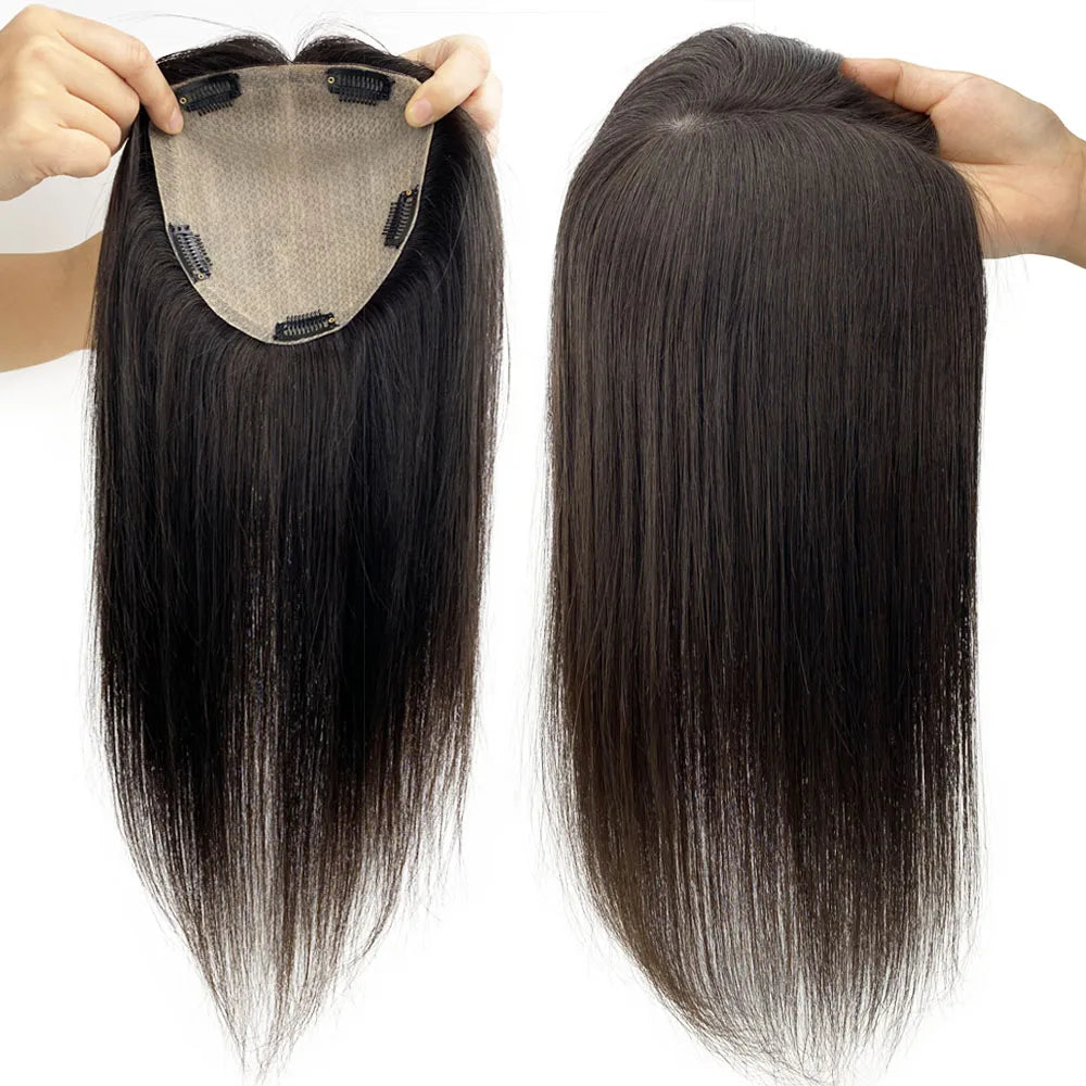 6X6inch Real Human Hair Topper for Women Virgin European Hair Toupee with Clips In Natural Hairline Scalp Base Fine Hairpiece