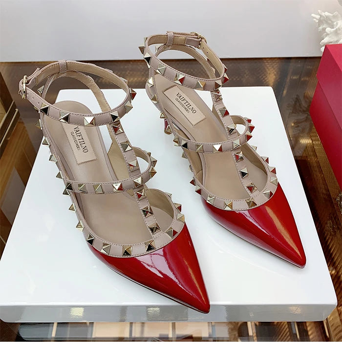 Nude Women's Gladiator sandals Summer 2025 Luxury With Ankle Strap Pointed Toe Fashion Rivet High Heels Party Ladies Shoes Women