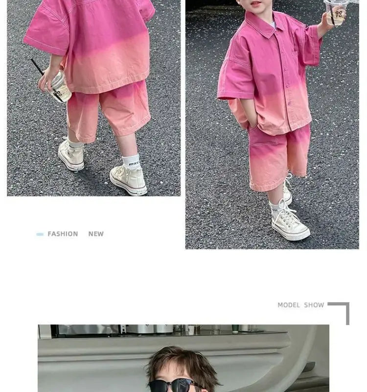 2026 New Boys Fashion Gradient Pink Shirt Shorts Set Loose Fit Casual Kids Two Piece Outfit Breathable Children's Streetwear 3-8