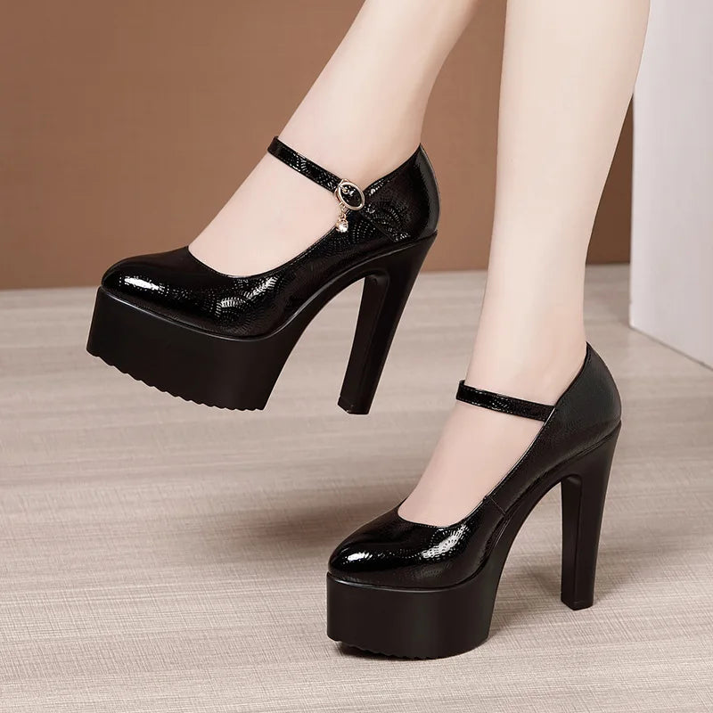 9cm 11cm 13cm Small Size 32-43 Sexy Bright Leather Shoes Women's Platform Pumps 2026 Fall Block High Heels Shoes Model Party