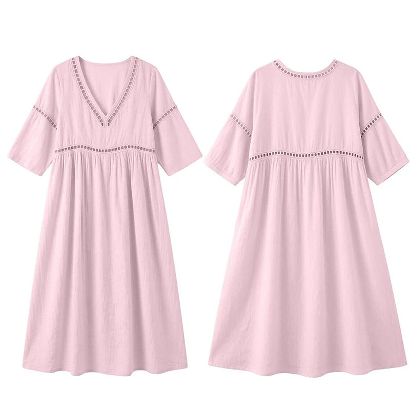 Summer V Neck Half Sleeve Loose Beach Holiday Dress Women Casual Hollow Out Design Solid Color A-line Midi Dress Boho