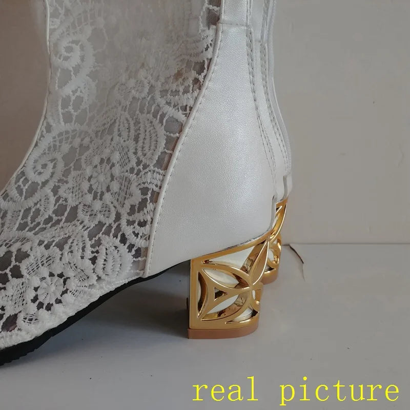 ORCHA LISA Spring Summer Boots Shoes Women Med Heels Knee Flower Lace Female Zipper Glitter Sexy White BiG Size 43 44 45
