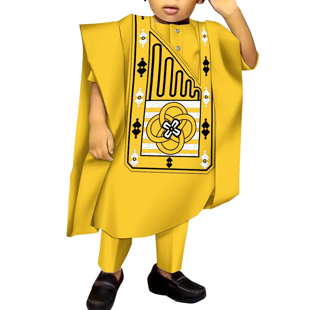 African Boy Embroidered Robe Set Children's Dress Gown Shirt and Trousers Three-piece Boys Traditional Clothing Party Wedding