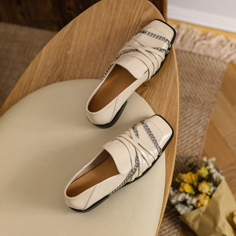 Dilalula 2025 Luxury Genuine Leather Loafers Womens Autum Spring Low Thick Heels Chain Pumps Female Leisure Natural Leather