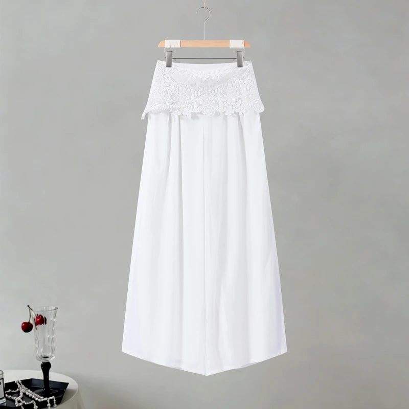 Casual Lace Tops Pants Sets Women O Neck Sleeveless High Waist Wide Legs Outfits Female 2026 Summer Beach Vacation Solid Suits