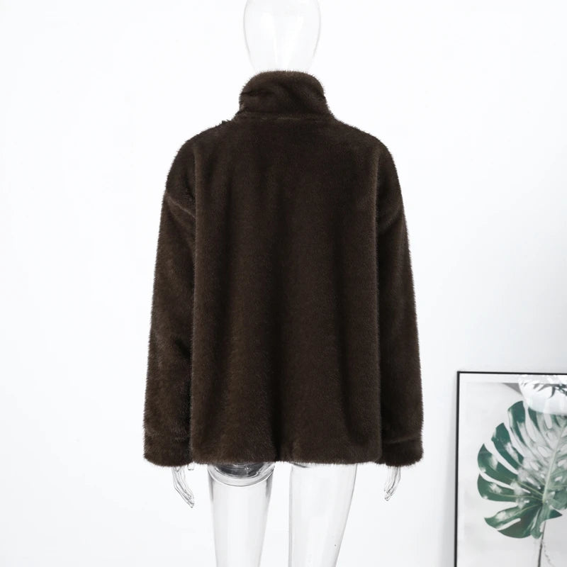Luxury Faux Fur Hooded Pullovers Women's Loose Full Sleeve Stand Collar Pocket Coats 2025 New Autumn Winter Ladies Solid Outwear