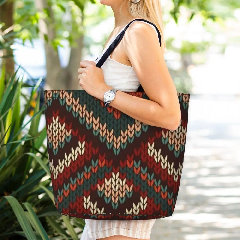 African Ankara Prints Grocery Shopping Tote Bags Women Geometric Ethnic Art Canvas Shoulder Shopper Bags Big Capacity Handbag