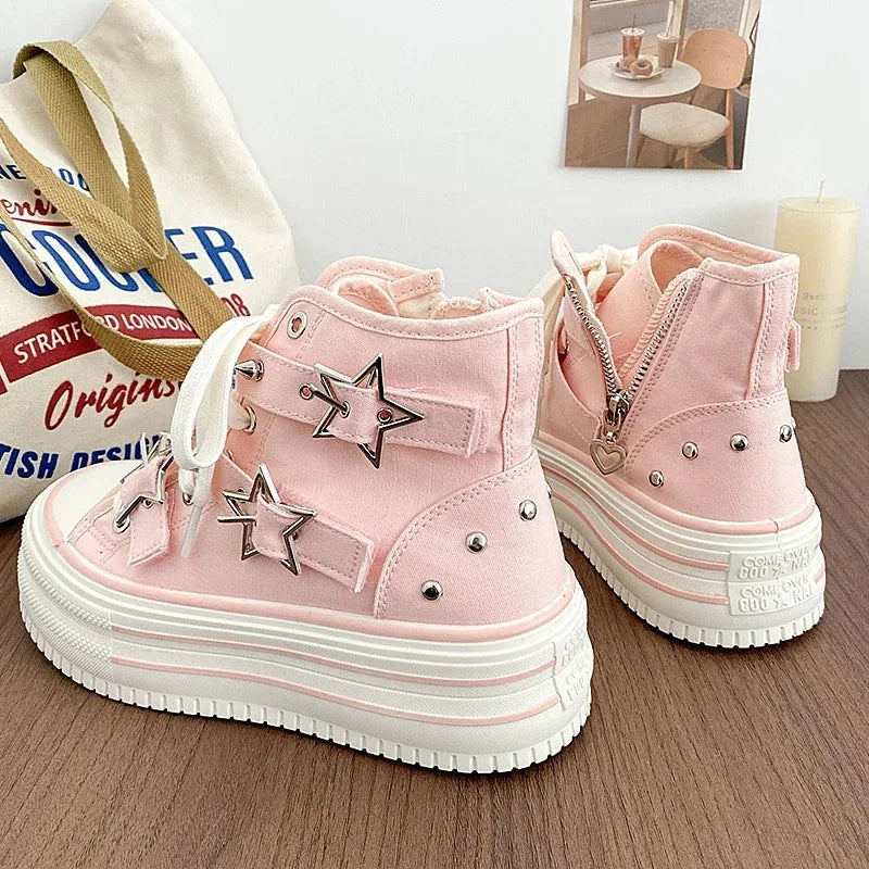 Y2K Pink High-top Canvas Shoes for Women Design Rivet Buckle Lace-up Platform Women's Summer Sports Shoes Fashion Board-shoe