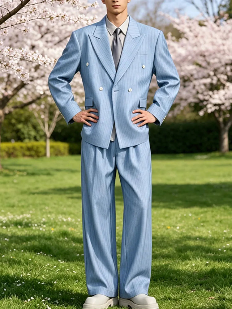 Men's Pinstripe 2-Piece Suit Notch Lapel Jacket Loose Fit Double Breasted Blazer Wide Leg Trousers for Formal Business Casual