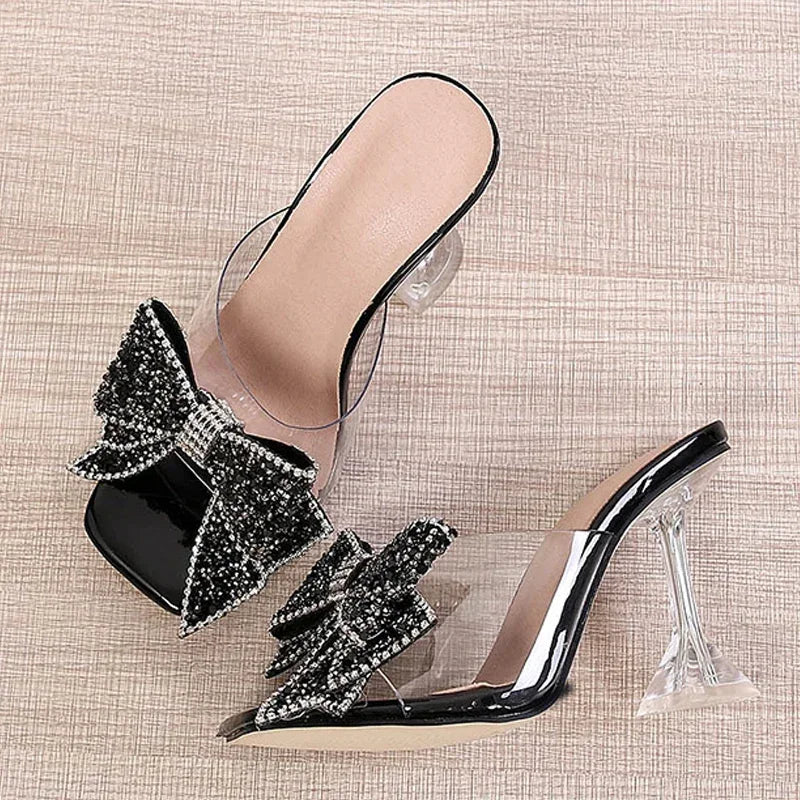 2025 New Transparent Slippers For Women Fashion Silver Crystal Bowknot High Heels Female Mules Slides Summer Sandals Shoes