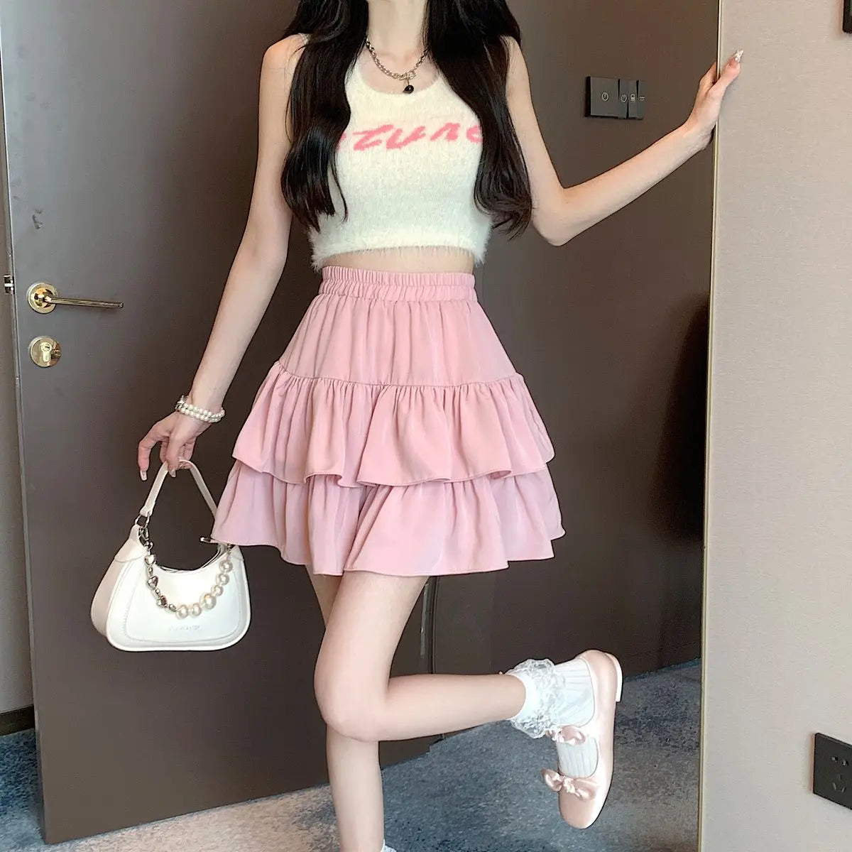 Ruffled Cake Skirts for Women High-waisted A-line Solid All-match Sweet Lovely Girls Korean Style Gentle Spring Kawaii Casual