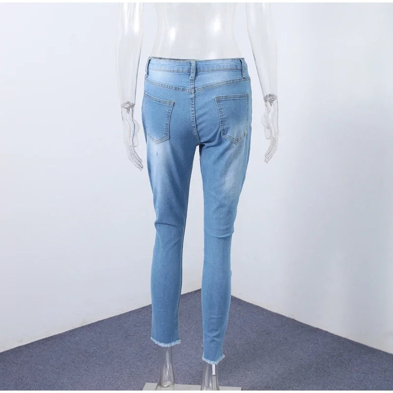 Women Ripped Jeans Low Waist Skinny Denim With Zipper Pockets Blue Y2K Summer