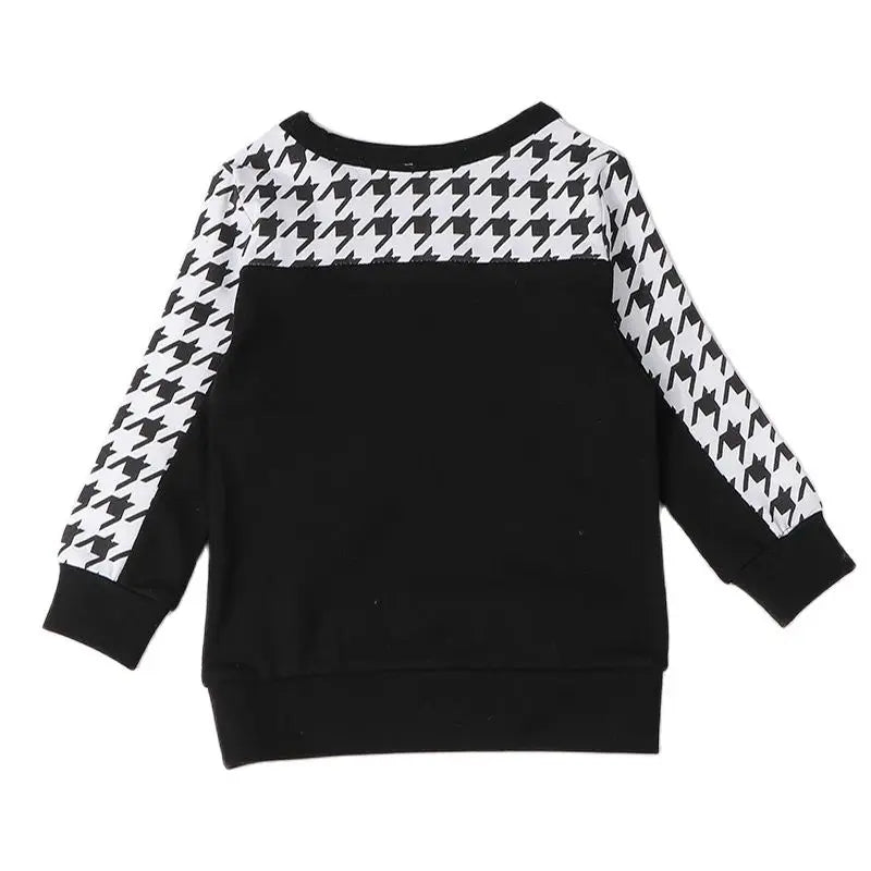 New casual outfit for kids long sleeves autumn winter contrast houndstooth boy girls clothes autumn and winter children t-shirt
