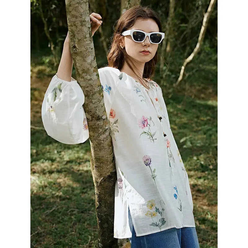 TOYOUTH Women Blouse Shirt 2025 Spring New Linen Floral Printed Velvet Casual Pullover Tops BAZAARHUBO