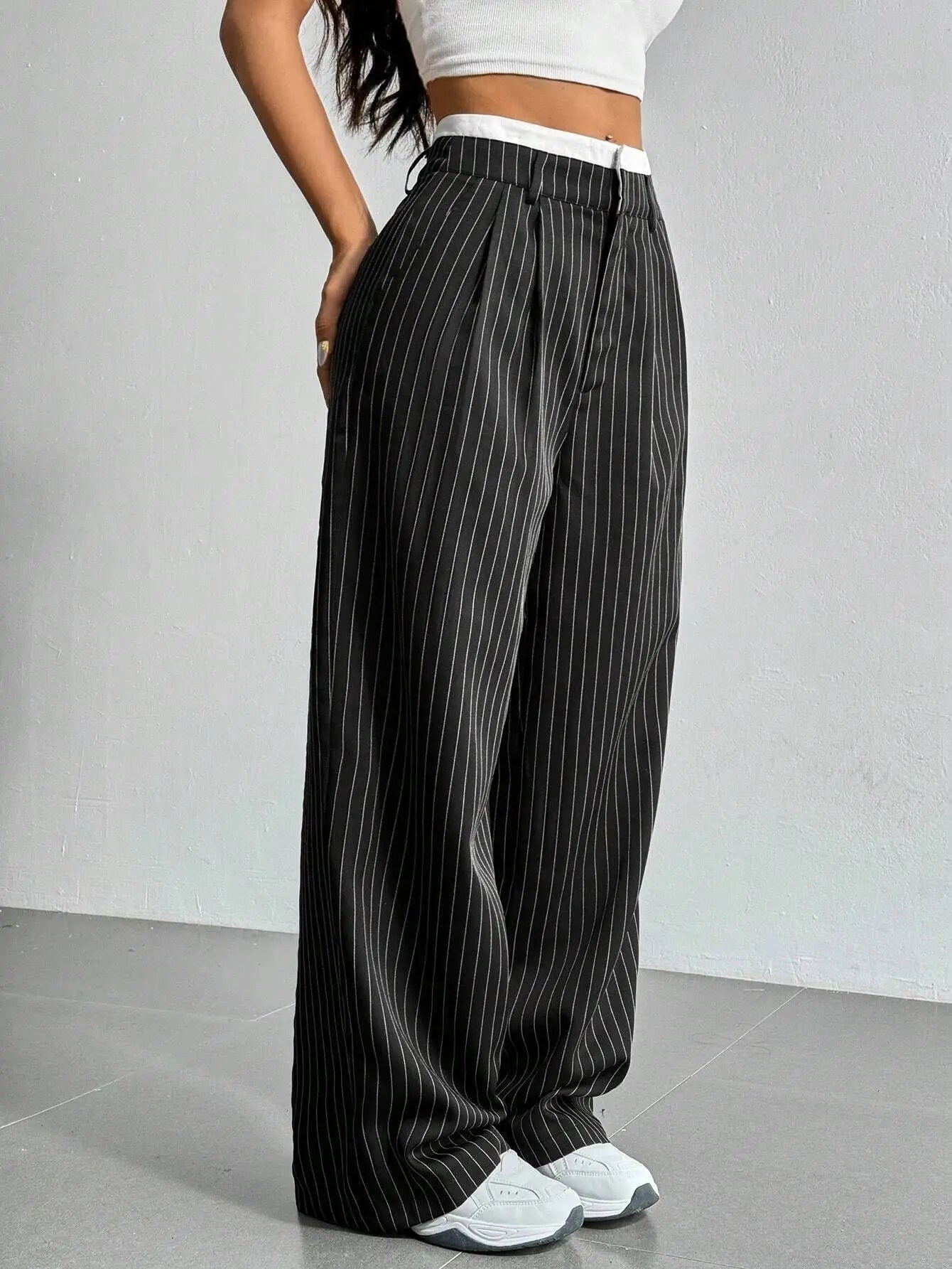 Fashion Pants Women's Stripe Straight Pants 2024 Autumn Winter High Waisted Casual Suit Pants Office Lady Women Trousers Bottoms BAZAARHUBO