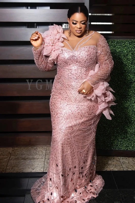 Aso Ebi Evening Dresses Pink Long Luxury Mermaid Beaded Lace 3D Flowers Birthday Dress African Prom Gowns Special Occasions