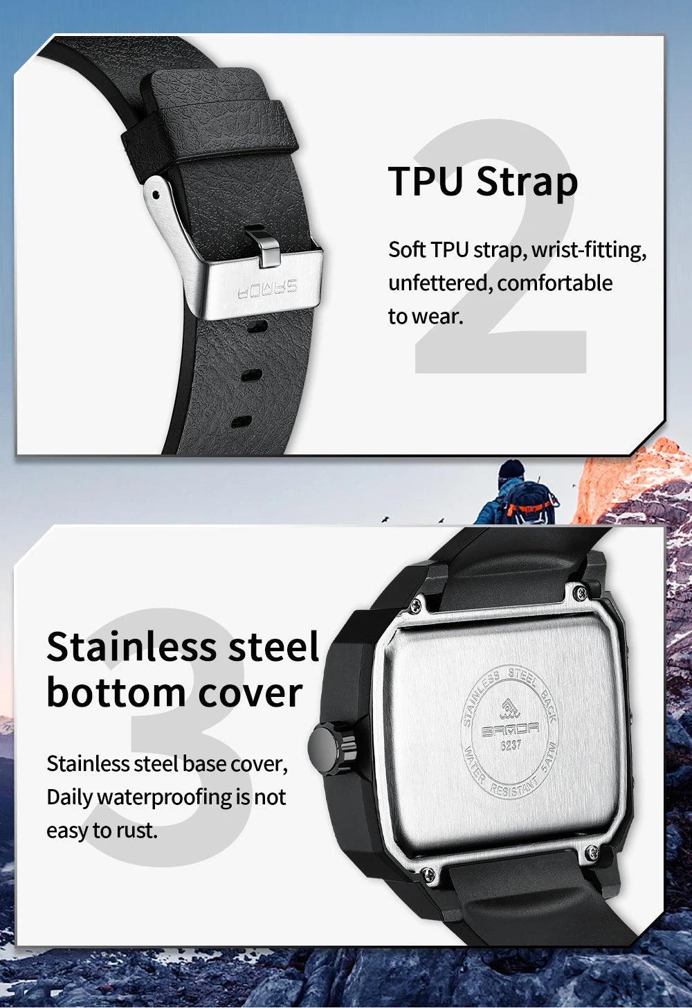 SANDA Men Watch Square Big Dial Waterproof Double Display Wristwatch Man Chronograph Digital Clock Men's Military Quartz Watches