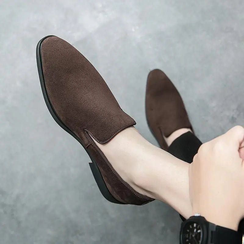 Men's Shoes Suede Leather Shoes Fashion Business Office Dress Shoes Brown Slip on Casual Shoe Red Sole Pointed Toe Male Loafers