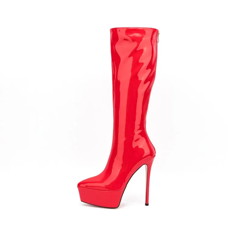 New Women Knee High Boots Patent Leather Pointed 15cm High Heels Winter Short Plush Waterproof Platform Girl Boots Large 34-45