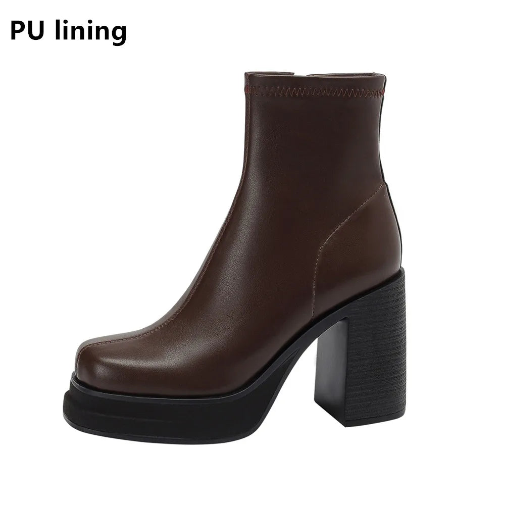 2025 NEW Brand Women Autumn Winter Boots Sexy High Heels Platform Black Brown Side Zip Shoes Woman Ankle Boots Size 33-41