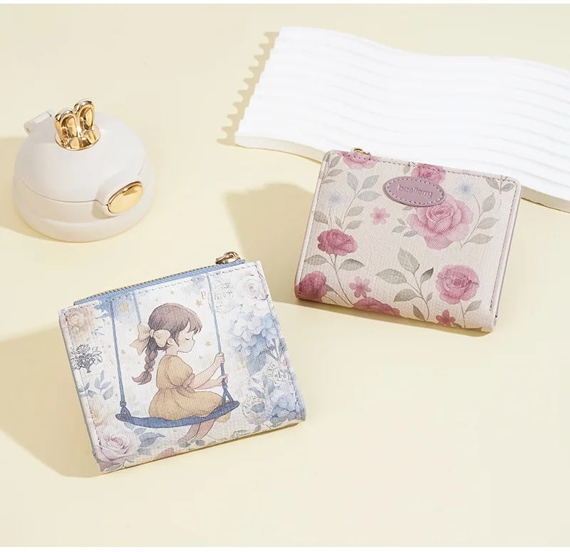 Baellerry Cute Cartoon Girl Wallet PU Leather Card Holder Coin Purse Photo Album for Students Birthday Gift for Daughters