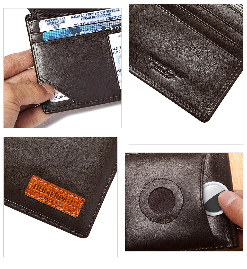 HUMERPAUL Airtag Wallet For Men Real Leather RFID Trifold Card Holder Case with ID Window Slim Anti-lost Purse