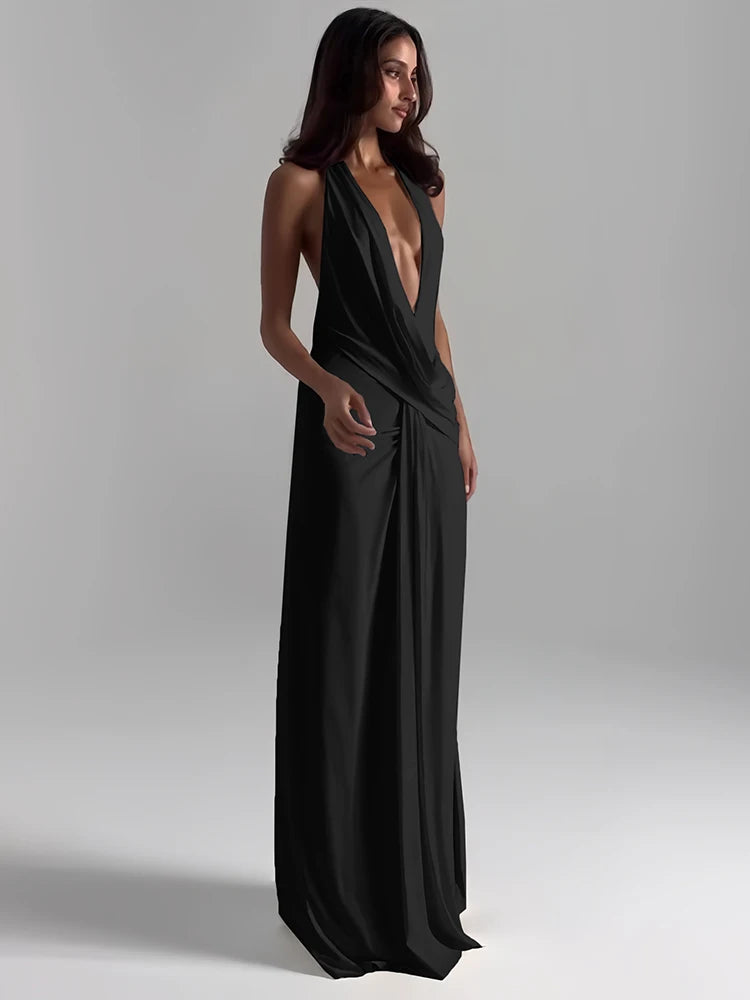 Weird Puss Sexy Backless Long Dress Women Halter Deep V-Neck Sleeveless High Splits Hem New Trend Pool Style Elegant Vestidos BAZAARHUBO