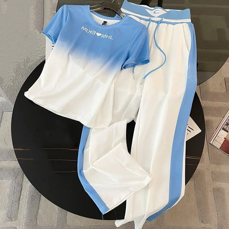 2024 Spring/Summer New Fashionable Gradient Short Sleeve+High Waist Wide Leg Pants Casual Two Piece Set